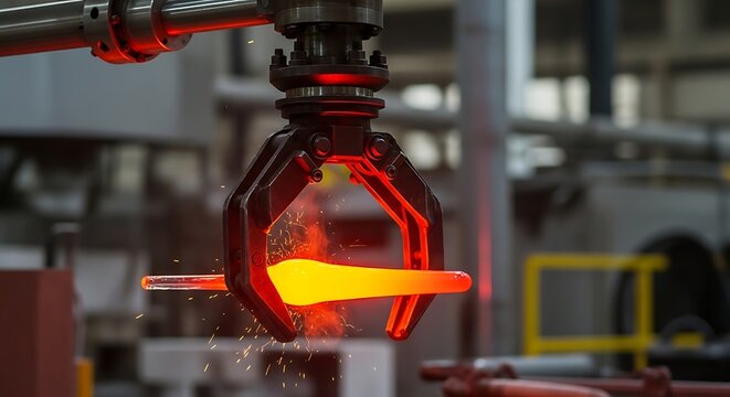 Processo industrial de metalurgia com metal incandescente sendo moldado.