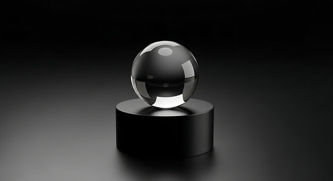 Esfera de vidro elegante sobre pedestal preto moderno com ilumina&ccedil;&atilde;o dram&aacute;tica.