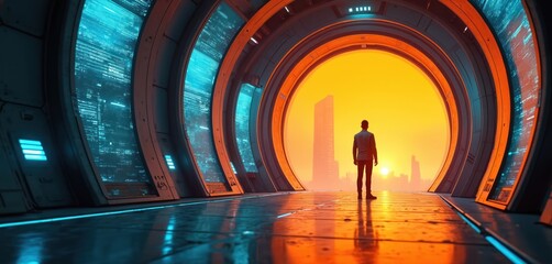Fototapeta premium Man stands in futuristic tunnel glowing orange and blue. He looks out at a bright city skyline. Data streams on wall panels suggest tech innovation and future progress.