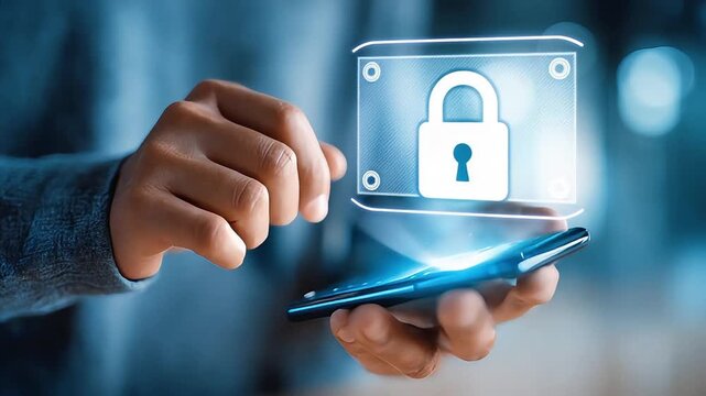 A person holds a smartphone displaying a glowing padlock icon, symbolizing digital security and the protection of sensitive information, ideal for tec