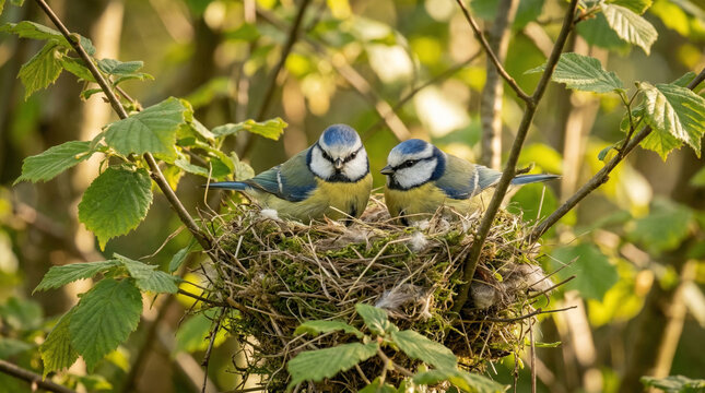 Closeup shot of two blue tits on their nest in a tree during springtime in a woodland area filled with green leaves and soft sunlight