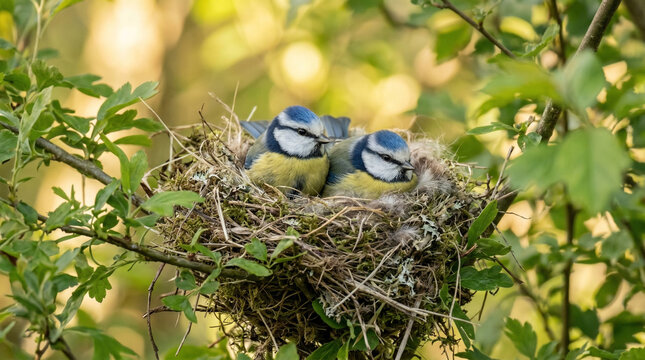 Closeup shot of two blue tits in a nest during springtime in a forest