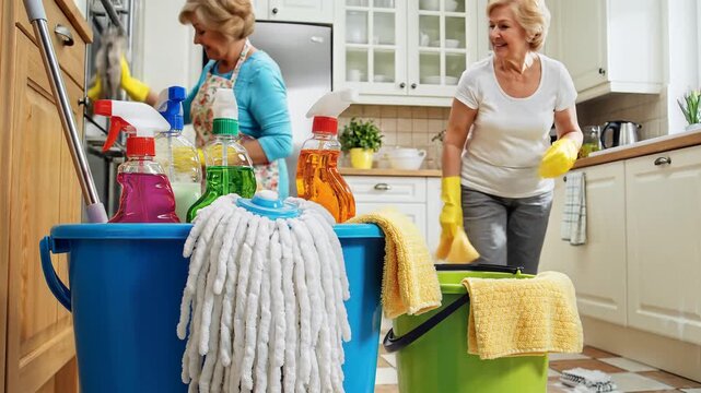 Two smiling senior women happily cleaning a modern kitchen together with mops and cleaning supplies.