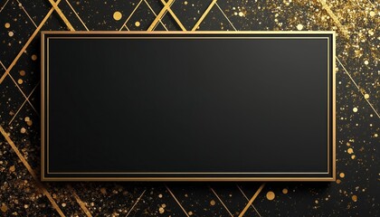 Obraz premium Black rectangle with golden geometric frame. Background has gold glitter and lines. Useful for invitations, tickets, or certificates. Modern luxury design.