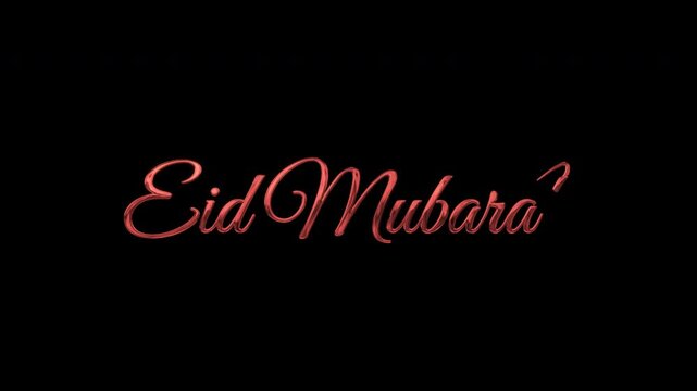 Red Eid Mubarak lettering text animation on transparent background with ink drop effect. Perfect for Eid greetings, social media posts, and festive designs. 
