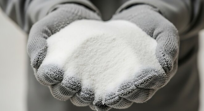 M&atilde;os segurando neve com luvas de inverno