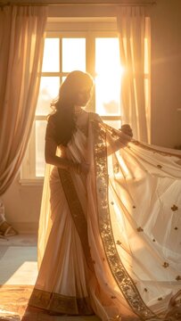 Indian woman draping traditional saree, celebrating culture with golden hour light