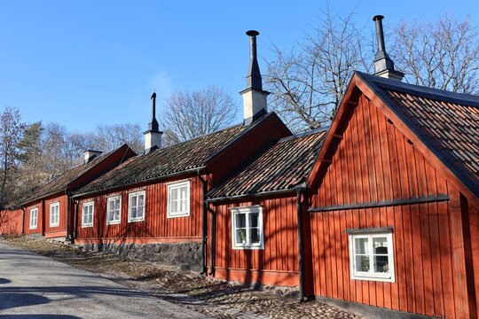 &Aring;S&Ouml;BERGET, STOCKHOLM, SWEDEN: Red wooden houses from the end of the 1600s and 1700s. These are some of Stockholm's oldest contiguous wooden house environments.