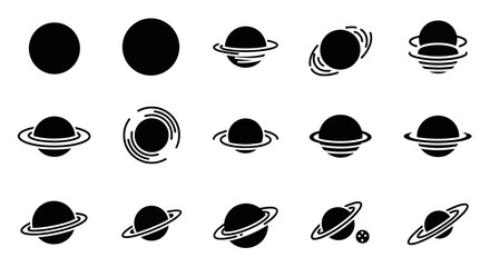 Illustrations of planets and celestial bodies in various orbital configurations and ring systems depicted in a minimalist style © Steven