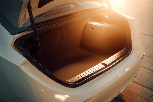 Empty open trunk of a modern white sedan car in bright sunset light. Close up of spacious car boot capacity, highlighting automotive design, transport and travel storage