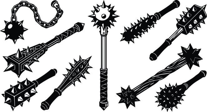 Tattoo flash collection of medieval spiked maces and morning stars arranged close up high contrast black and white vector illustration