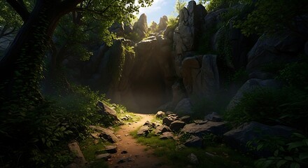 Serene Rocky Forest Path with Sunlight Filtering Through