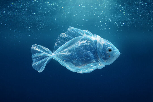 Fish made of plastic bag swimming underwater, concept of ocean pollution, environmental disaster, microplastic waste and the impact of human activity on marine life