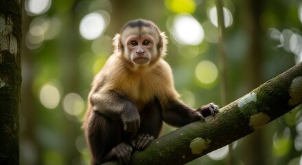 Fototapeta premium Curious Small Monkey Sitting on Tree Branch in Forest