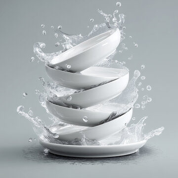 Stack of clean white ceramic plates with a dynamic water splash. Creative conceptual image representing dishwashing, hygiene, freshness, and household purity on a grey background
