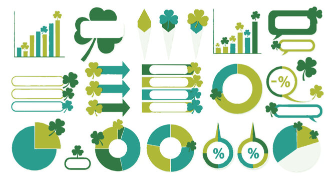 Green and yellow infographic elements with shamrocks and charts on white background for st patrick's day business concepts