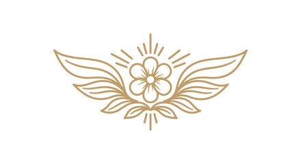 Obraz premium An intricate gold emblem featuring a flower with wings and radiating lines, symbolizing freedom and growth, presented in a vector graphic illustration