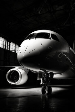 Dramatic black and white low-angle shot of Sukhoi Superjet 100 in a dark hangar. Sleek airplane nose, powerful jet engine, and landing gear under cinematic contrast lighting