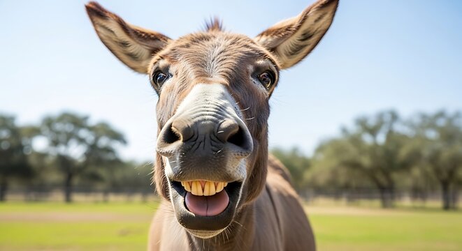Smiling Brown Donkey in Green Field