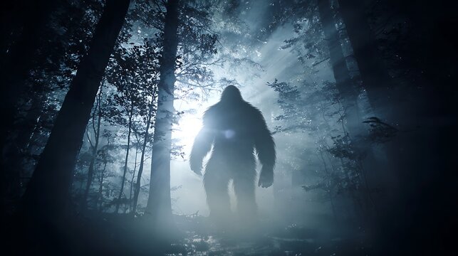 A mysterious silhouette of a large hairy creature walking through a dark forest with sunlight shining through the trees.