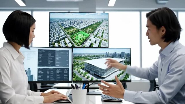 Two businesspeople sitting at a desk in an office looking at multiple computer monitors with maps and graphs on the screens
