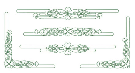 Celtic knot border designs with floral motifs and hearts on white background