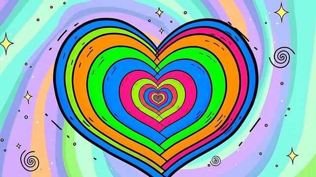 Colorful concentric hearts create a vibrant psychedelic background pattern