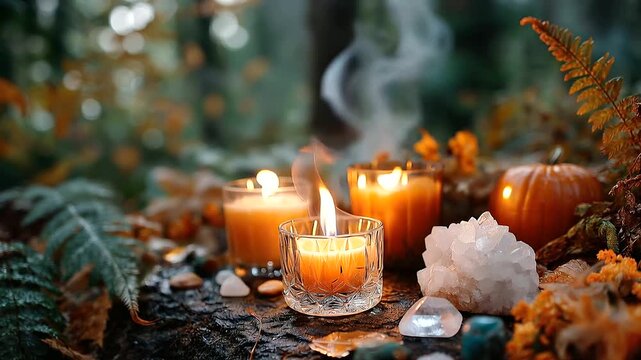 Burning candles with autumn pumpkins and crystals in forest mystical seasonal ceremony spiritual ritual setting nature magic harvest celebration esoteric practice foggy atmos