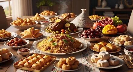 Fototapeta premium lavish middle eastern iftar dinner spread featuring traditional dishes fruits and pastries on a decorated table for ramadan.