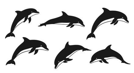 Group of Silhouettes of Dolphins Swimming in Ocean Water