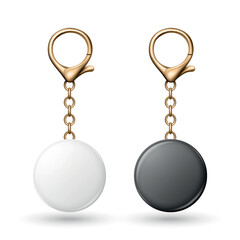 Vector 3d Blank Round Keychain Tag Set, Isolated. White and Black Key Fobs with Gold Chain and Lobster Clasp. Realistic Keyring Accessory Mockup for Branding. Logo and Label Design