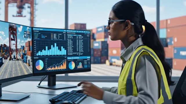 A woman in a yellow safety vest sits at a desk with multiple computer monitors displaying data and graphs in an industrial setting with shipping containers outside the window