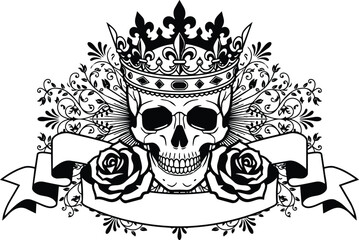 Fototapeta premium Tattoo flash crowned skull with two roses holding a blank banner front view ornate filigree black and white vector art