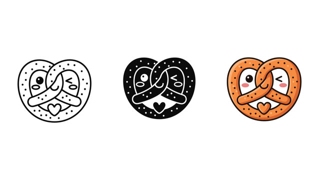 Hand drawn pretzel illustrations in heart shape, set of three