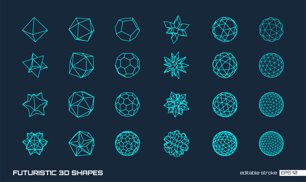 Futuristic 3D shapes set. Abstract geometric wireframe elements. Sphere, polyhedra and complex structures. Vector mesh design for tech, science, cyberpunk and retro-futurism. Trendy graphic background