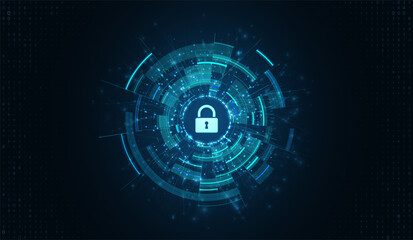 Obraz premium Cyber security technology background. Digital lock icon protects data, information. Abstract network virus defense concept. Online safety, privacy, global business solutions. Futuristic system design