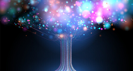 Obraz premium Futuristic data tree with glowing multi-color particles. Neural network, AI, big data science concept. Digital technology for information growth, analysis system, modern business and innovation design