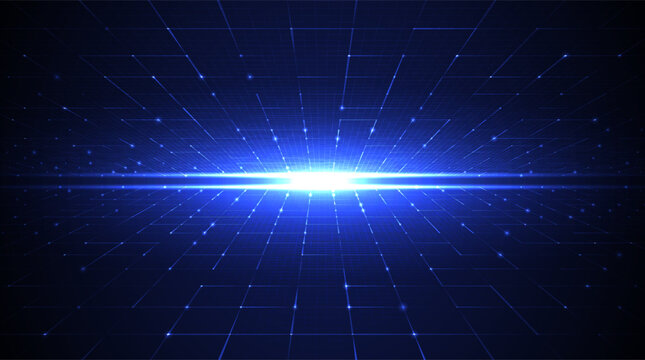 Futuristic grid background with light burst. Abstract digital tunnel for high-speed data flow, cyber space and virtual reality. Modern tech network concept for AI, internet and business innovation