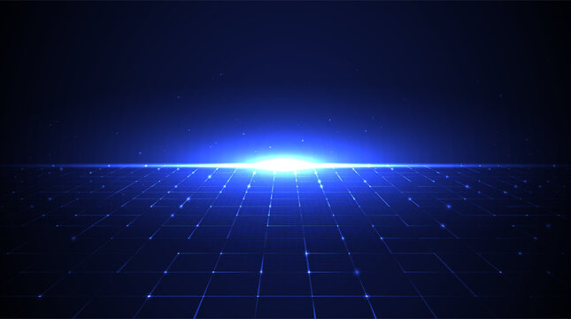 Abstract perspective background. Glowing grid square pattern, digital wireframe lines. Futuristic technology 3D modern graphic design. Network data, energy, science concept. Solar panel illustration.