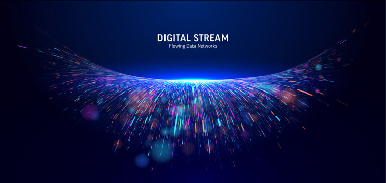 Panoramic digital stream. Abstract multi-color particle wave. Futuristic network connection for big data, AI, high-speed information, global communication and innovation. Light flow background concept
