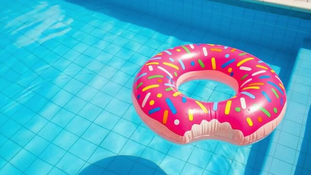 A pink donut shaped pool float in a swimming pool with blue tiles