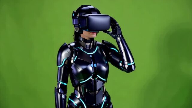 A woman in a futuristic suit of armor wearing a virtual reality headset on a green screen background