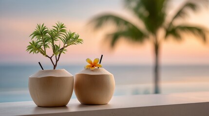 Obraz premium Two coconut cups with tropical plants and flowers on a table overlooking a serene beach at sunset, with palm trees and ocean in the background