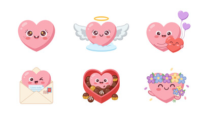 Obraz premium 6 pink heart characters angel with wings inside love letter envelope holding flower bouquet inside chocolate box and hugging small heart