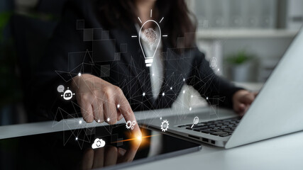 AI innovation with neural network and digital transformation. AI innovation drives automation,...