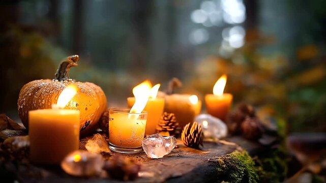 Burning candles with autumn pumpkins and crystals in forest mystical seasonal ceremony spiritual ritual setting nature magic harvest celebration esoteric practice foggy atmos