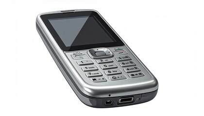 Silver and black mobile phone with keypad against a white background