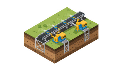 Obraz premium Isometric view of an industrial conveyor belt system with machinery for material handling and processing in a cross-section of earth.