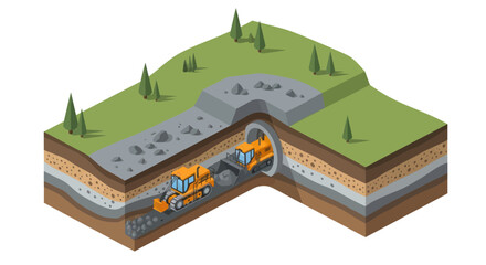 Illustration showing underground tunnel construction with heavy machinery excavating earth and rock to create a passage. © Fgyc