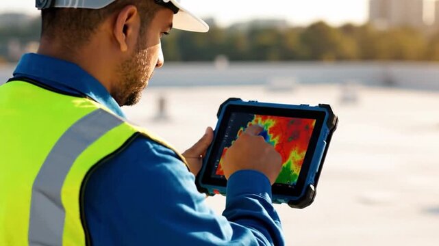 A man in a yellow safety vest holding a tablet with a thermal image